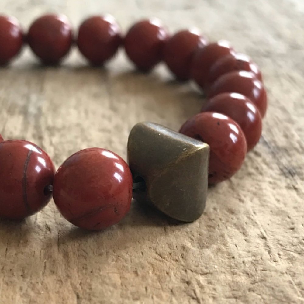 Men's Red Agate Beaded Stretch Bracelet Sterling Silver Accent Bead - 10mm Beads